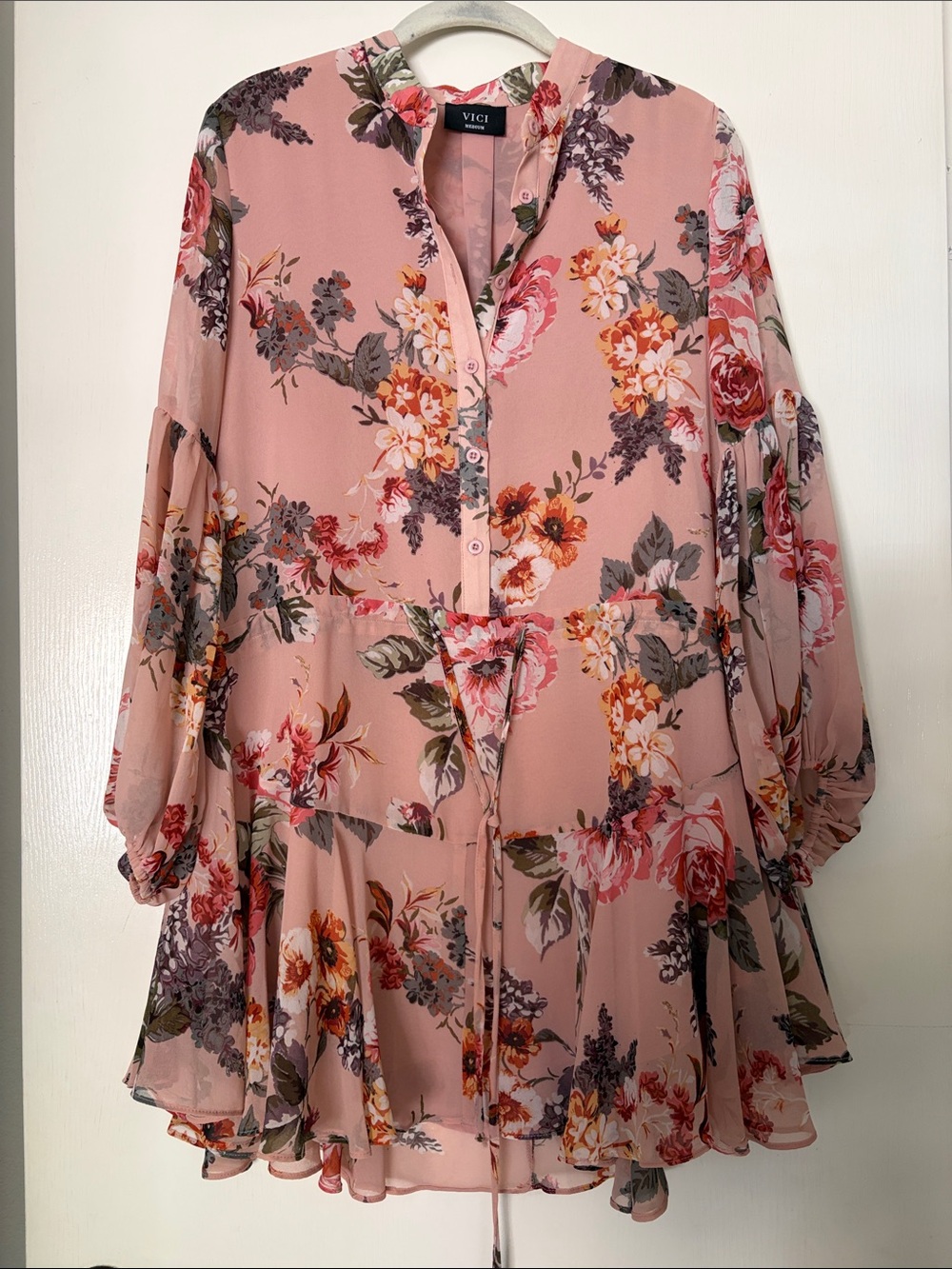 VICI Pink Floral Ruffled Button-Front Tunic Dress